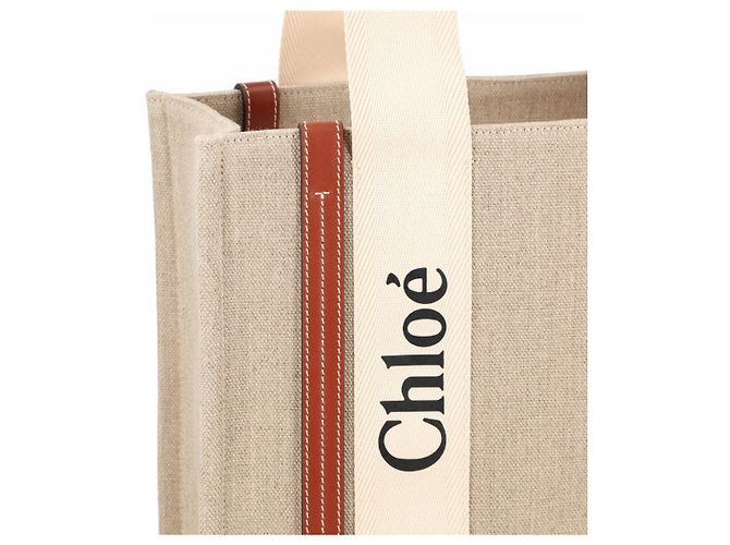 Chloé Woody Tragetasche aus Leinen und Leder Braun Beige - Ansicht 9