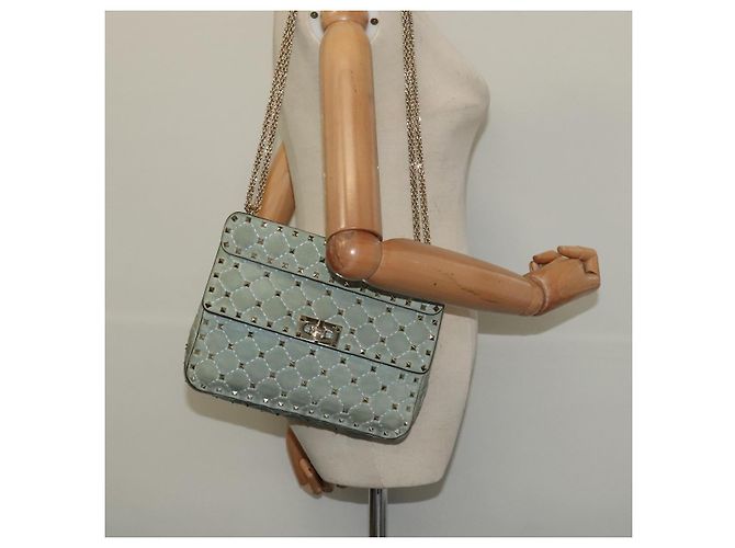 VALENTINO Borsa a spalla con catena e borchie in suede blu chiaro argento autentica 123555 - vista 24