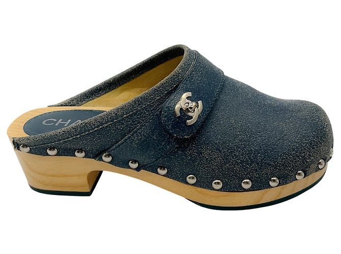 Chanel Blue 2014 Interlocking CC Logo Distressed Leather Clogs - view 2