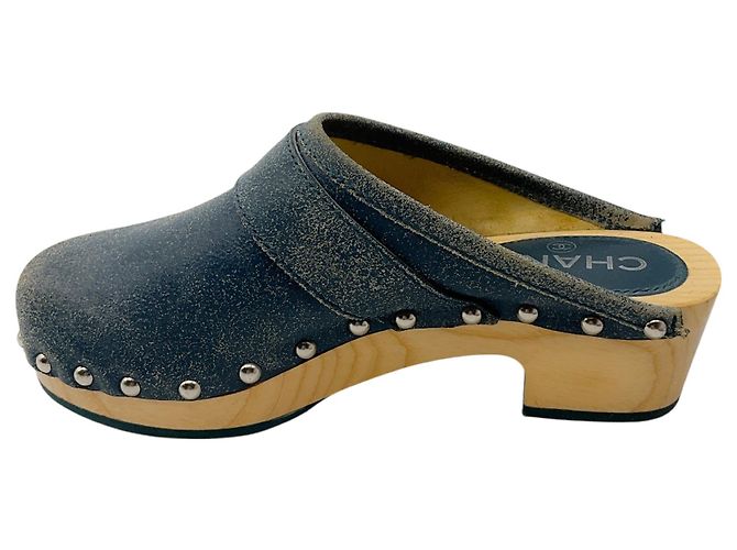 Chanel Blue 2014 Interlocking CC Logo Distressed Leather Clogs - view 3