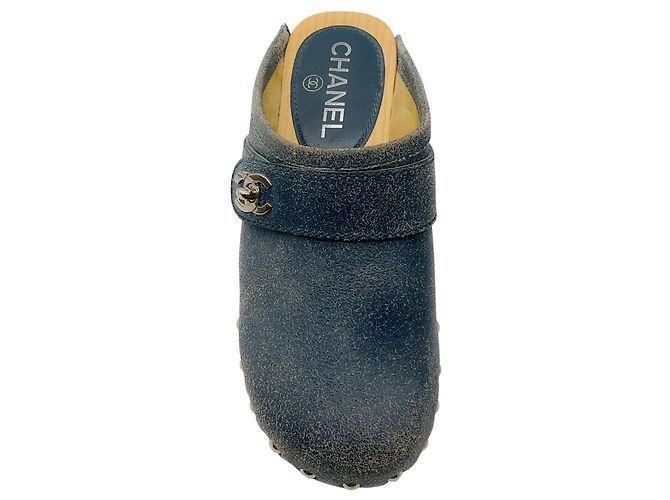 Chanel Blue 2014 Interlocking CC Logo Distressed Leather Clogs - view 4