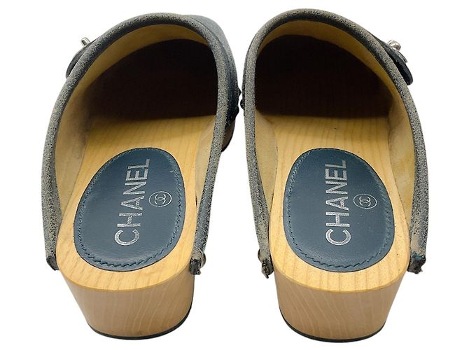 Chanel Blue 2014 Interlocking CC Logo Distressed Leather Clogs - view 6