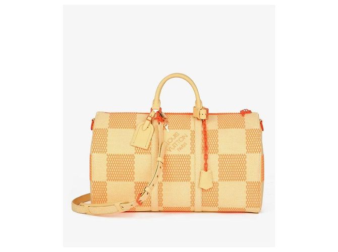 Abbesses Louis Vuitton Keepall 50 Bandoliera in Raffia Beige Arancione - vista 2
