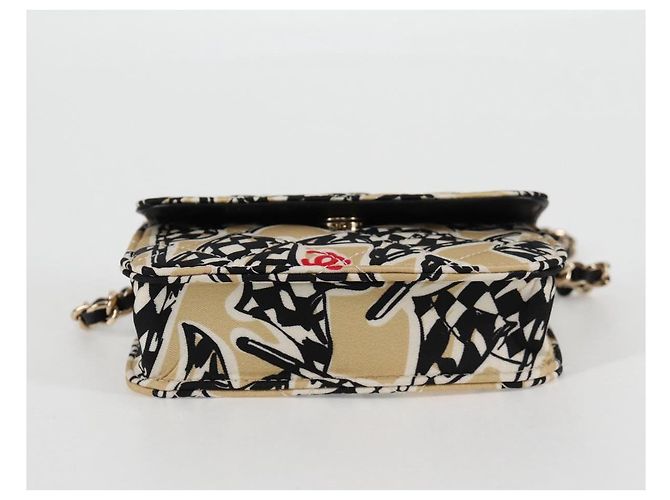 CHANEL Matelassé Bandiera a Scacchi Borsa a Spalla con Catena Nylon Beige CC Auth 125975M D'oro - vista 10