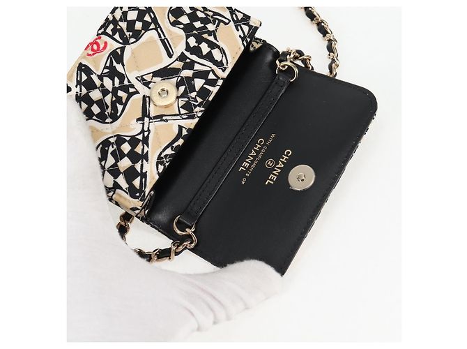 CHANEL Matelassé Bandiera a Scacchi Borsa a Spalla con Catena Nylon Beige CC Auth 125975M D'oro - vista 16