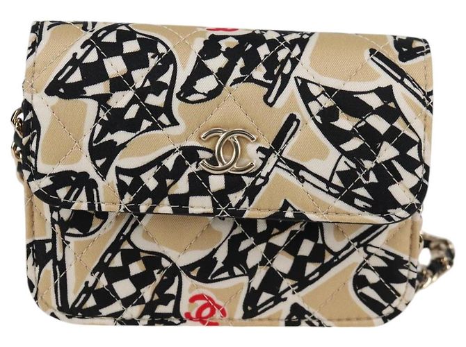 CHANEL Matelassé Bandiera a Scacchi Borsa a Spalla con Catena Nylon Beige CC Auth 125975M D'oro - vista 2