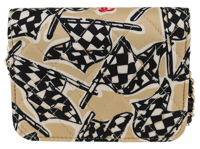 CHANEL Matelassé Bandiera a Scacchi Borsa a Spalla con Catena Nylon Beige CC Auth 125975M D'oro - vista 3