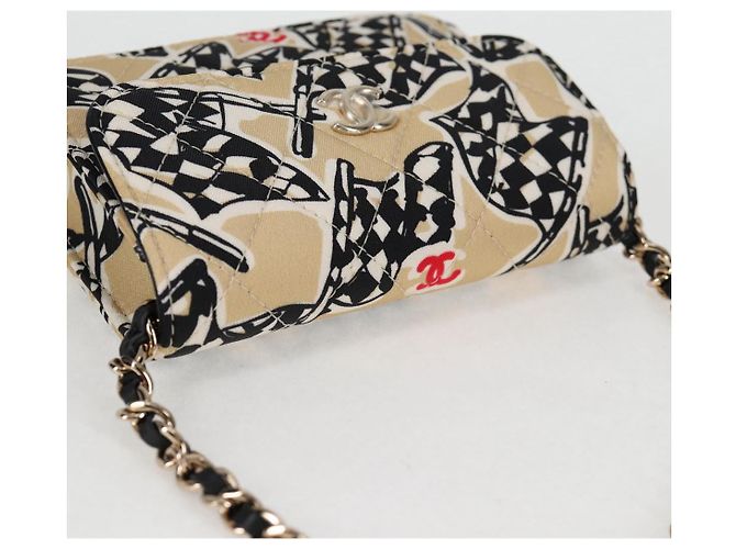 CHANEL Matelassé Bandiera a Scacchi Borsa a Spalla con Catena Nylon Beige CC Auth 125975M D'oro - vista 6