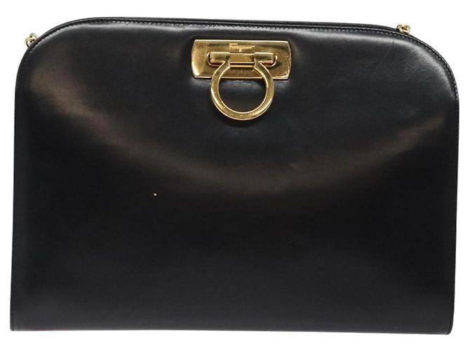 Borsa a spalla in pelle nera e oro Gancini Chain di Salvatore Ferragamo Auth 124746 Nero D'oro - vista 2