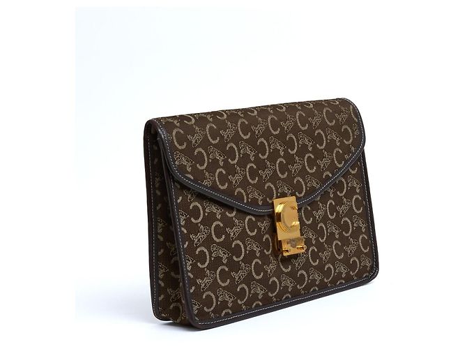Diamond Céline Pochette Enveloppe Calèche 1985s Clutch in Tela Monogramma Marrone Celine D'oro - vista 2