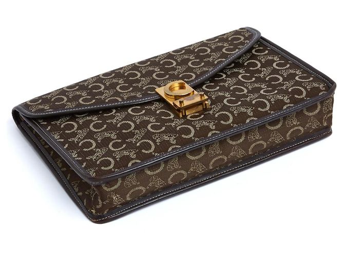 Diamond Céline Pochette Enveloppe Calèche 1985s Clutch in Tela Monogramma Marrone Celine D'oro - vista 5