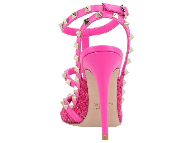 Valentino Garavani Décolleté Valentino Caged 100 in tweed e pelle rosa - vista 3