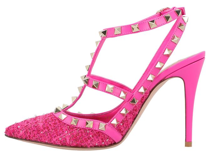 Valentino Garavani Décolleté Valentino Caged 100 in tweed e pelle rosa - vista 2