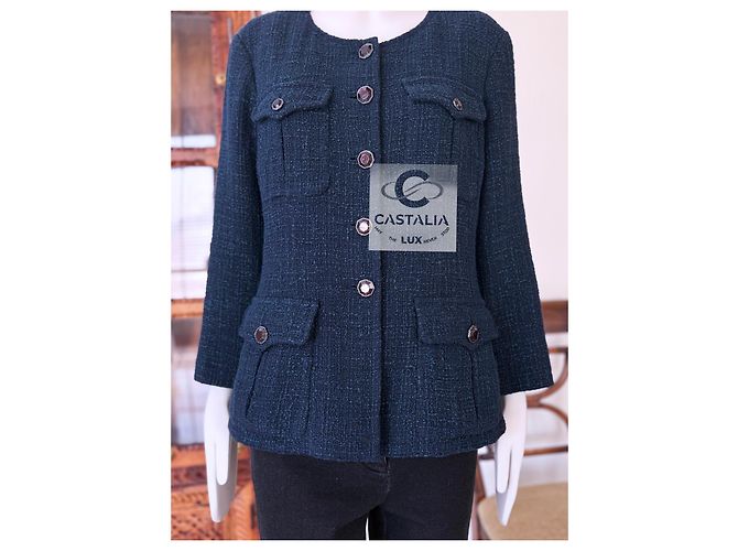 Chanel Chaqueta de tweed esmeralda con botones Gripoix 42 FR - vista 11