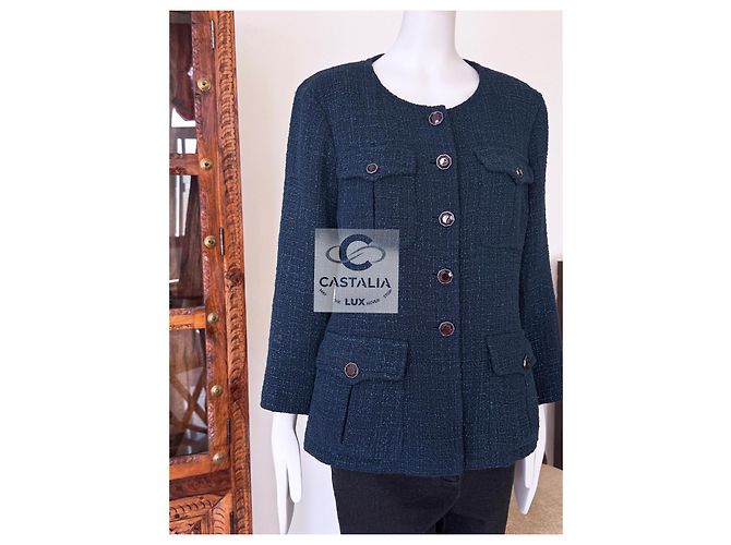 Chanel Chaqueta de tweed esmeralda con botones Gripoix 42 FR - vista 13
