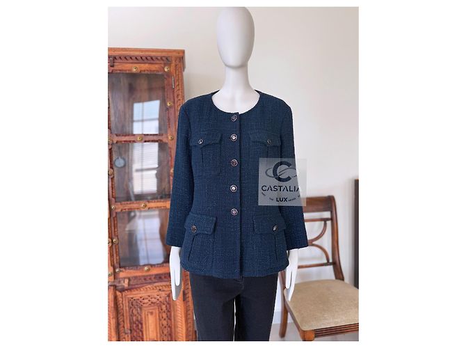 Chanel Chaqueta de tweed esmeralda con botones Gripoix 42 FR - vista 2