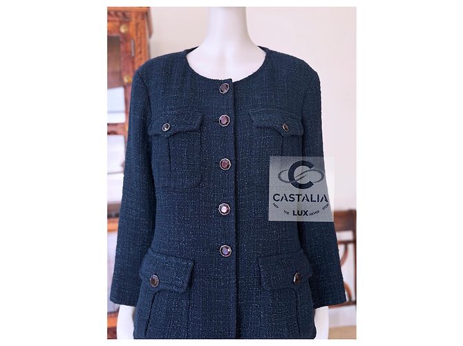 Chanel Chaqueta de tweed esmeralda con botones Gripoix 42 FR - vista 8