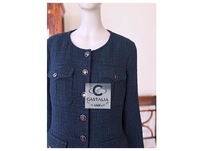 Chanel Chaqueta de tweed esmeralda con botones Gripoix 42 FR - vista 9