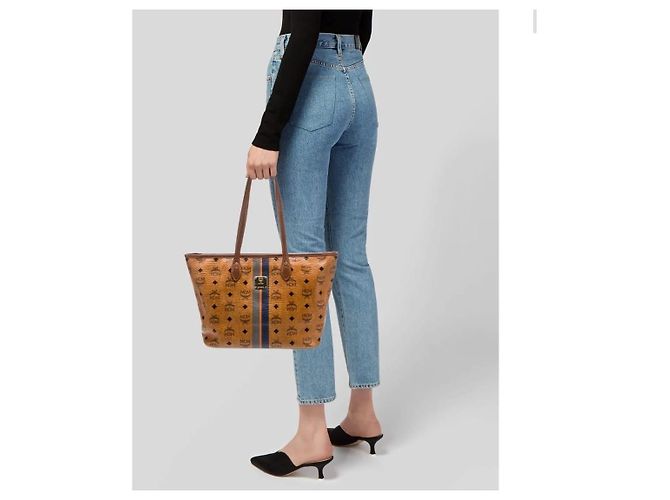 Borsa tote a righe MCM Visetos in marrone cognac - vista 3
