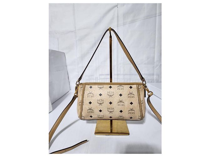 Borsa a tracolla in pelle MCM Visetos beige - vista 4