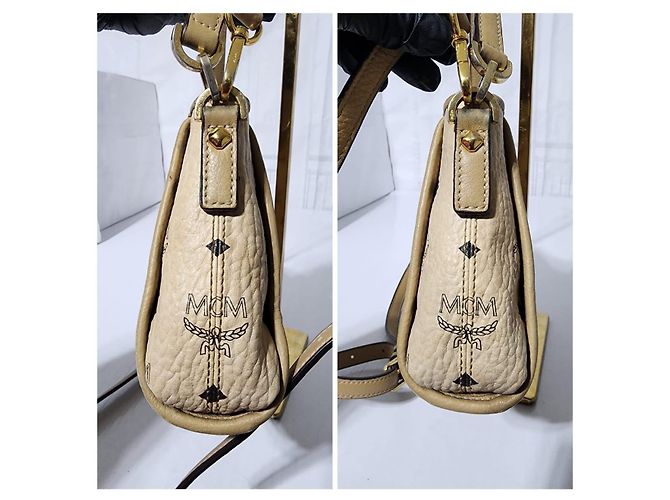 Borsa a tracolla in pelle MCM Visetos beige - vista 5