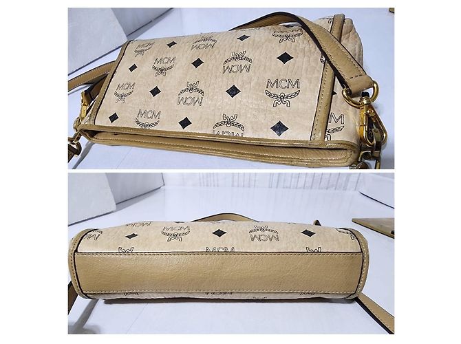 Borsa a tracolla in pelle MCM Visetos beige - vista 7
