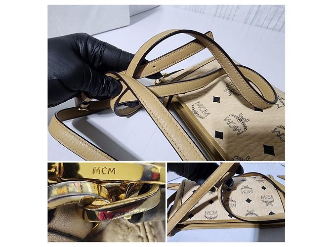 Borsa a tracolla in pelle MCM Visetos beige - vista 9
