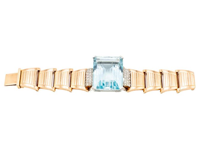 Autre Marque Bracciale retrò in oro 18k con acquamarina e diamanti - anni '40 Multicolore - vista 15