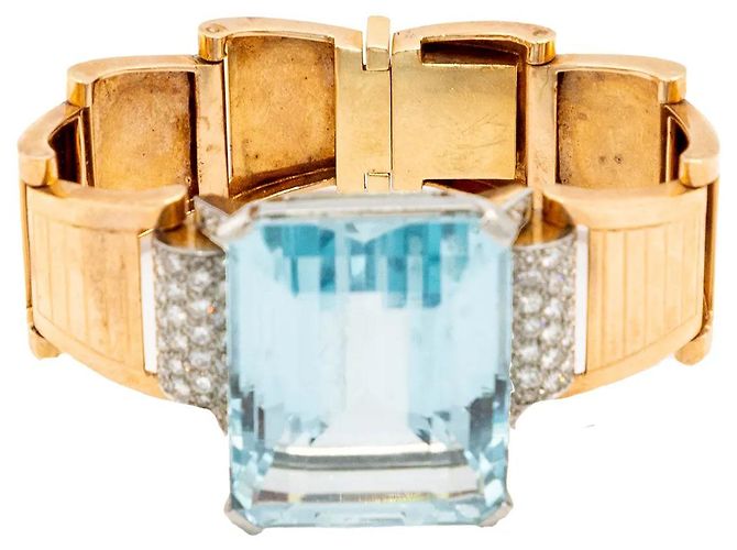 Autre Marque Bracciale retrò in oro 18k con acquamarina e diamanti - anni '40 Multicolore - vista 2