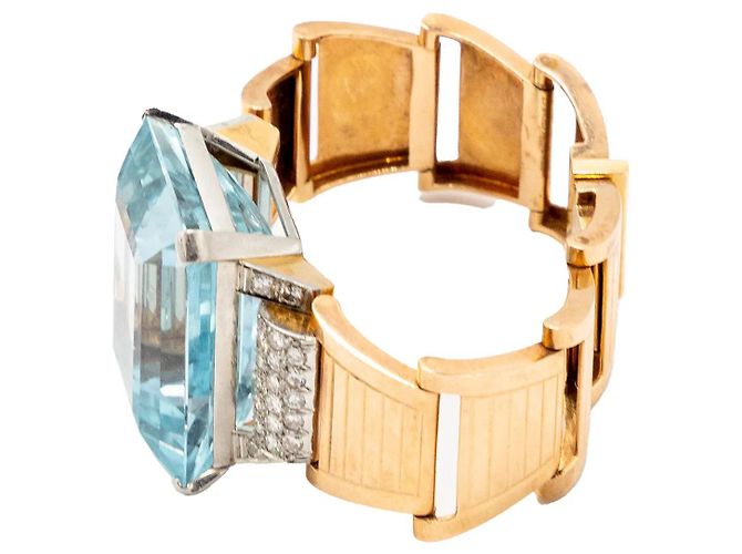 Autre Marque Bracciale retrò in oro 18k con acquamarina e diamanti - anni '40 Multicolore - vista 4
