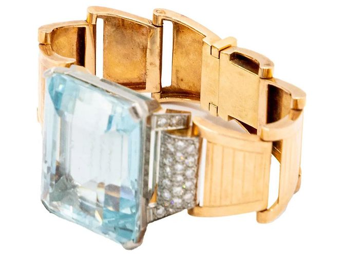 Autre Marque Bracciale retrò in oro 18k con acquamarina e diamanti - anni '40 Multicolore - vista 5