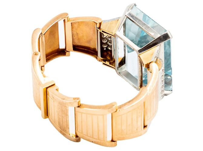 Autre Marque Bracciale retrò in oro 18k con acquamarina e diamanti - anni '40 Multicolore - vista 7