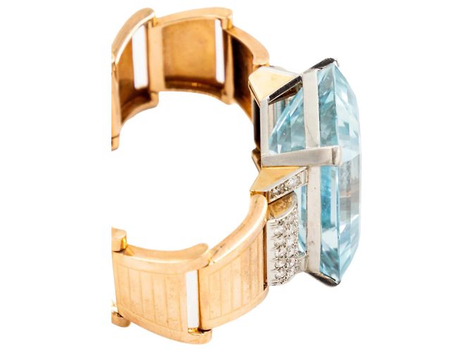 Autre Marque Bracciale retrò in oro 18k con acquamarina e diamanti - anni '40 Multicolore - vista 8