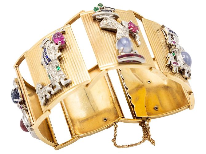 Autre Marque Außergewöhnliches Französisches Goldarmband mit Edelsteinbesetzten Paneelen Golden - Ansicht 5
