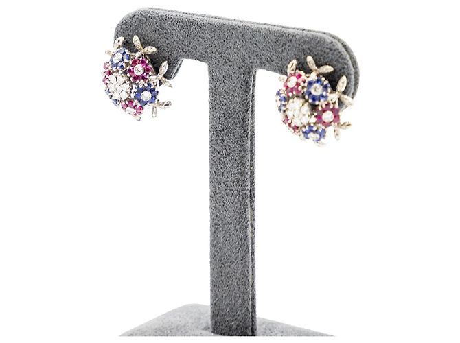 Autre Marque Orecchini a clip floreali in pietre preziose in oro bianco 18K degli anni '60 Multicolore - vista 2