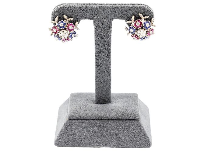 Autre Marque Orecchini a clip floreali in pietre preziose in oro bianco 18K degli anni '60 Multicolore - vista 3