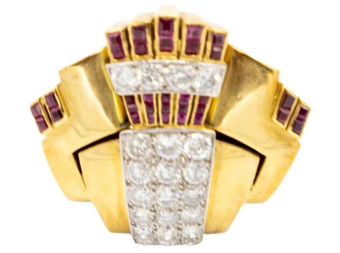 Autre Marque Anello cocktail retrò in oro 18K con diamanti e rubini Multicolore - vista 3