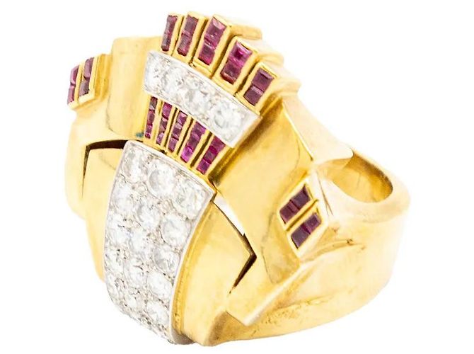 Autre Marque Anello cocktail retrò in oro 18K con diamanti e rubini Multicolore - vista 5
