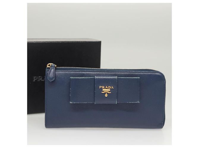 Saffiano PRADA Cartera Larga de Cuero Safiano Azul Auth 121255 - vista 12