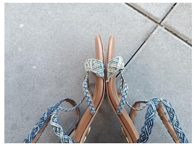Sandali Aquazzura in pelle marrone e denim Blu - vista 10
