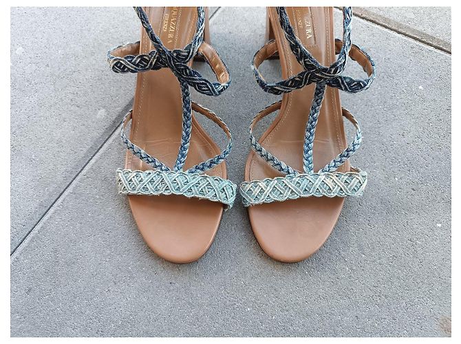 Sandali Aquazzura in pelle marrone e denim Blu - vista 2