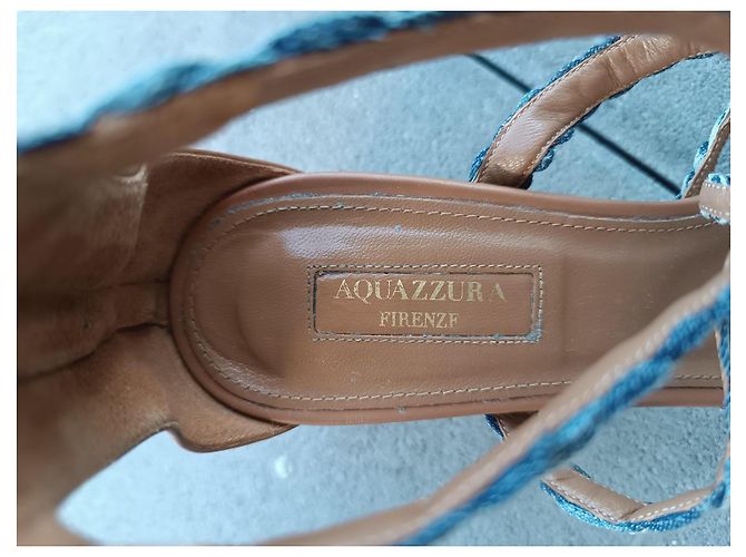Sandali Aquazzura in pelle marrone e denim Blu - vista 4