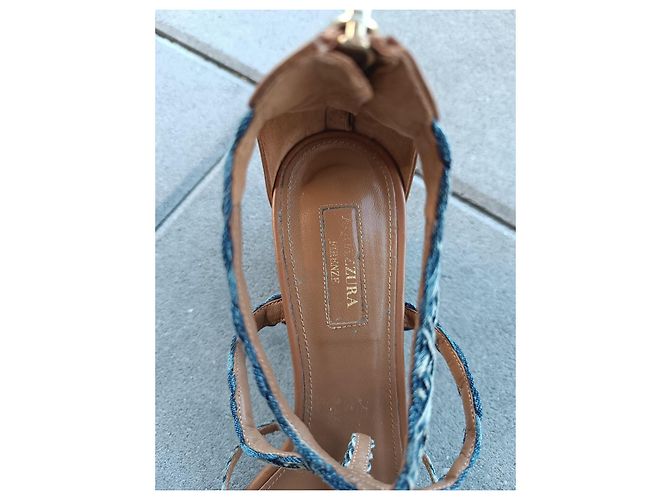 Sandali Aquazzura in pelle marrone e denim Blu - vista 5