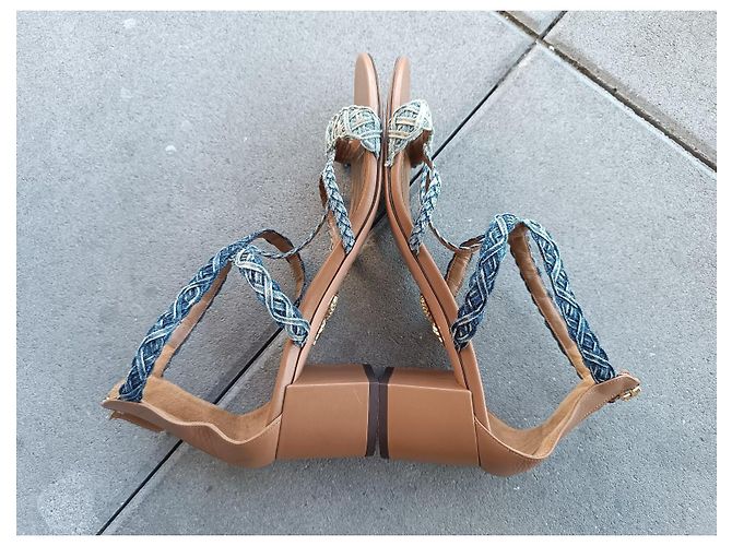 Sandali Aquazzura in pelle marrone e denim Blu - vista 9