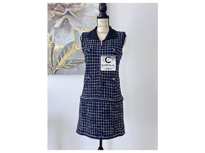 Chanel 8K$ Wearable Art Marine Tweed Kleid 36 FR Marineblau - Ansicht 2
