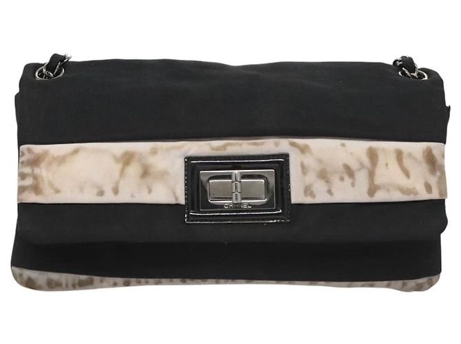 Borsa a spalla con catena CHANEL in nylon nero argento CC Auth 125969 - vista 13