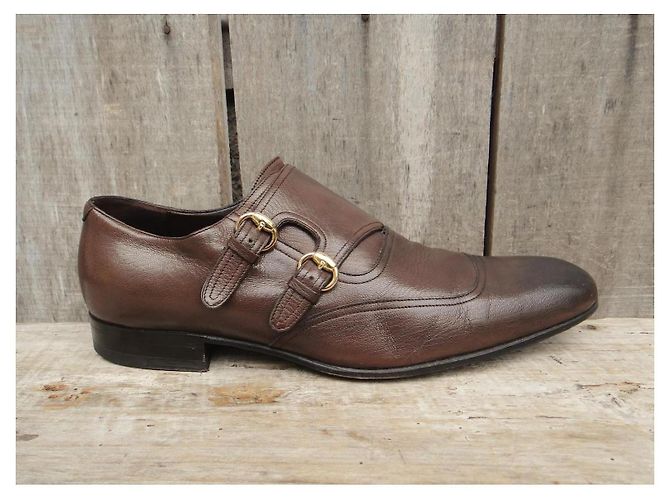 Scarpe Double Monk Gucci Pelle Marrone Scuro - vista 2