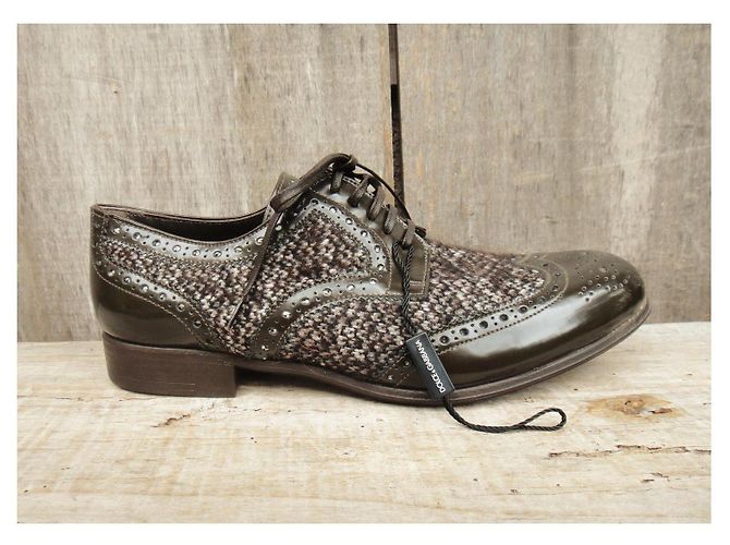 Décolleté stringate Dolce & Gabbana in Tweed e Pelle Vernice Marrone Marrone scuro - vista 2