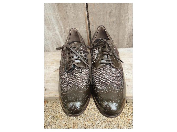 Décolleté stringate Dolce & Gabbana in Tweed e Pelle Vernice Marrone Marrone scuro - vista 4