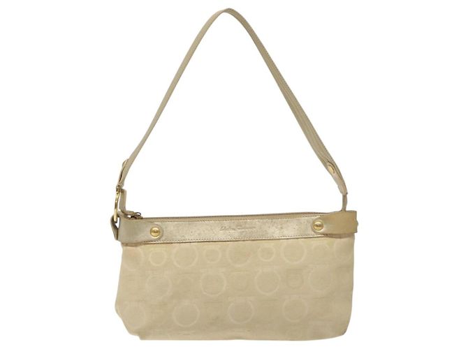 Borsa a Spalla Gancini Salvatore Ferragamo in Tela Beige Oro Auth bs26398 - vista 13